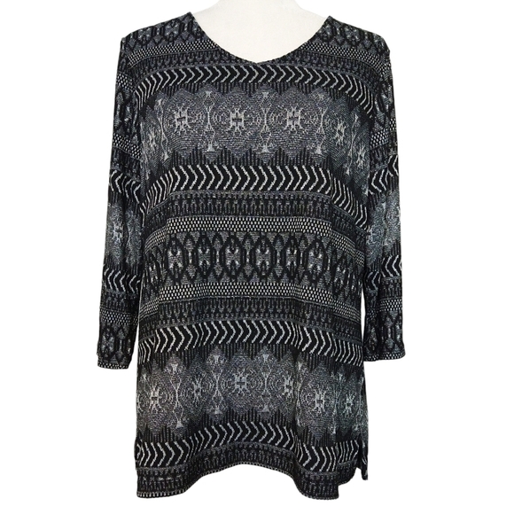 Chico's Black Silver Abstract Metallic 3/4 Sleeve Lined V-Neck Top Shimmering - Picture 1 of 8